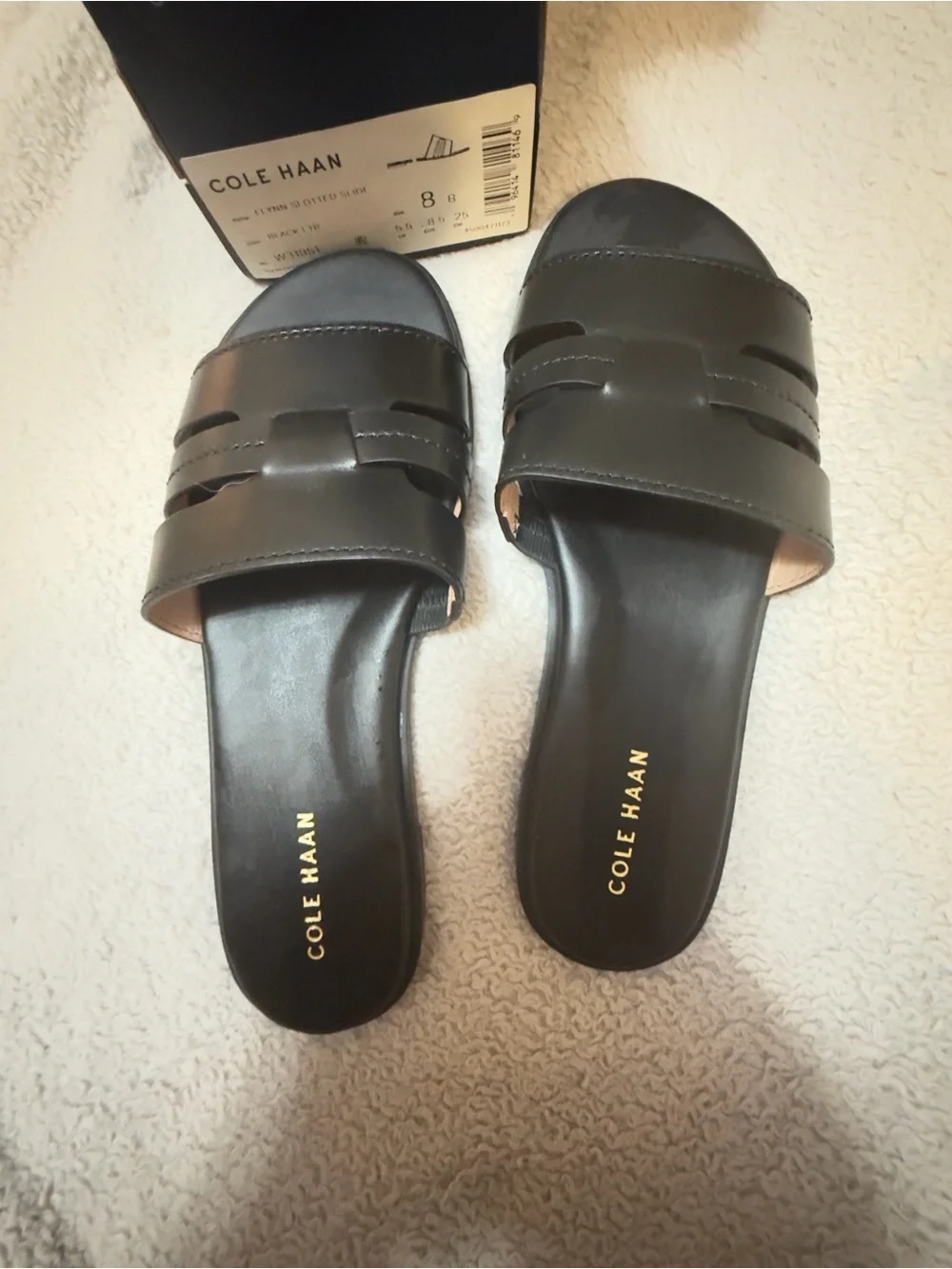 Cole Haan Flynn Slide Sandal Black Leather Woven Comfort Flat Size 8 New in Box!